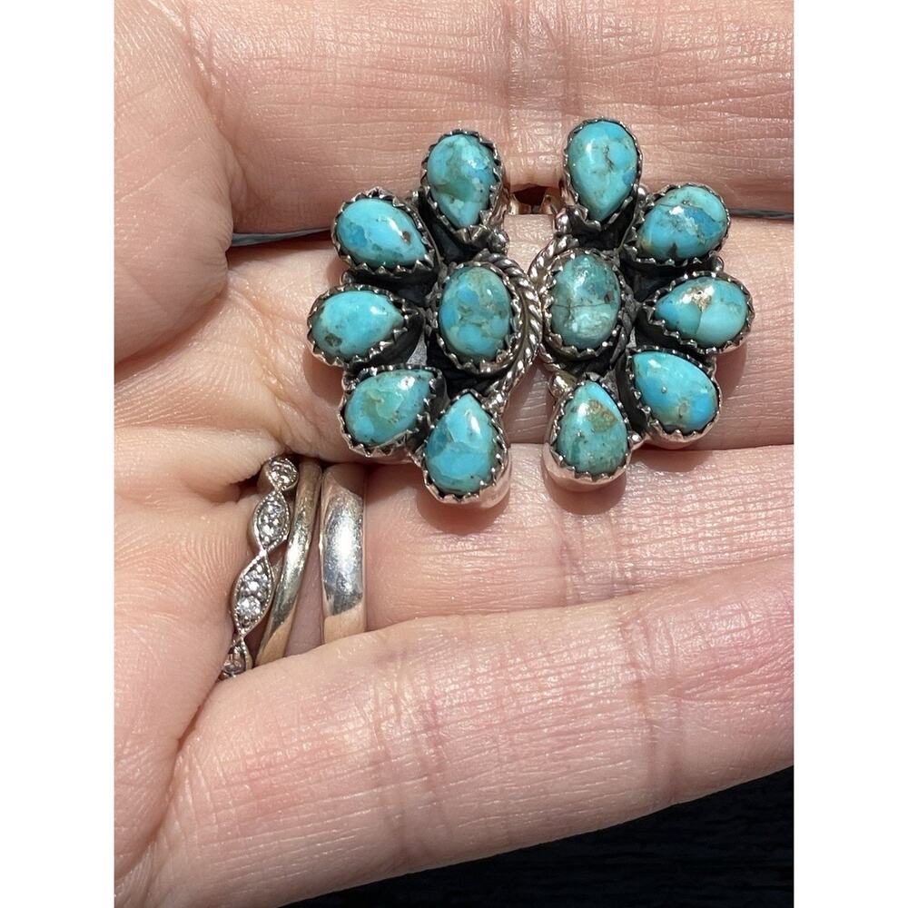 Turquoise Cluster Earrings Sterling Silver Southwestern Native Style Statement - Picture 3 of 11